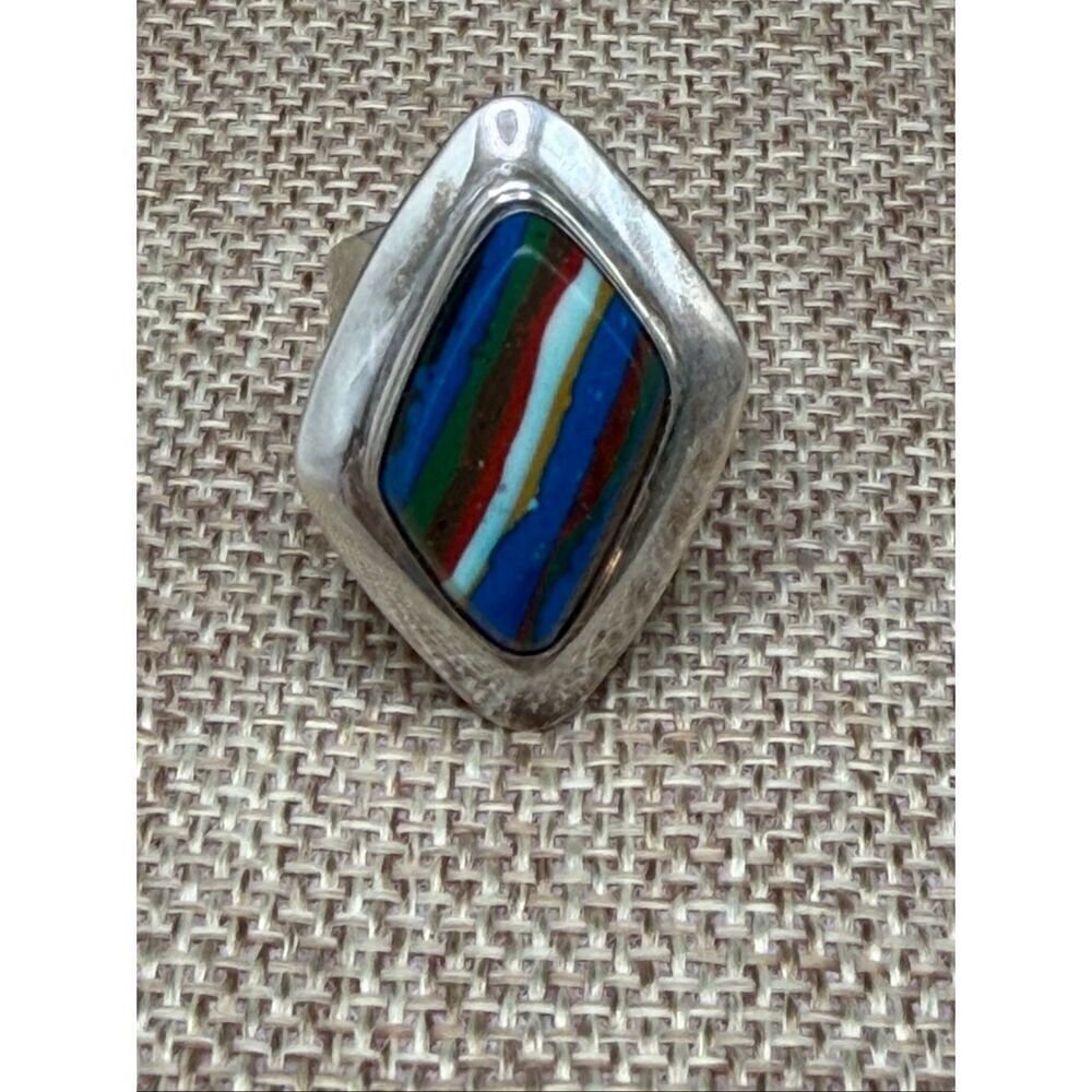 Sterling Silver Multi-Color Inlay Ring – Bold Modernist Statement, Size 7